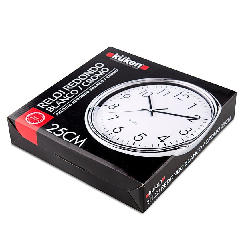 Round white and chrome-plated kitchen clock